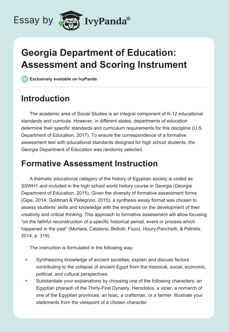 Georgia Department of Education: Assessment and Scoring Instrument. Page 1