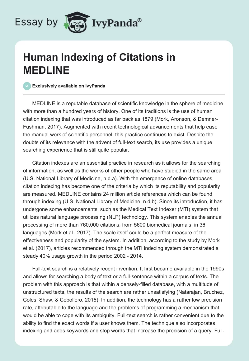 Human Indexing of Citations in MEDLINE. Page 1