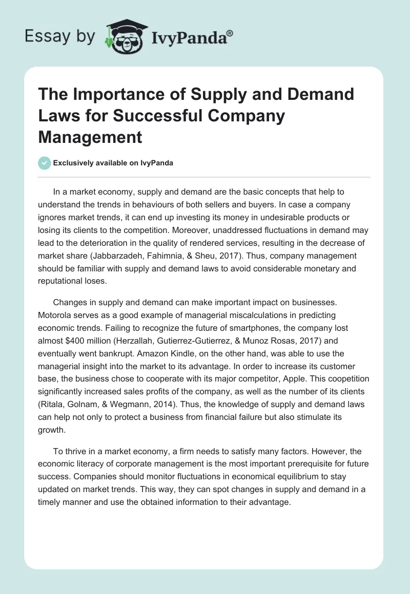 The Importance of Supply and Demand Laws for Successful Company Management. Page 1