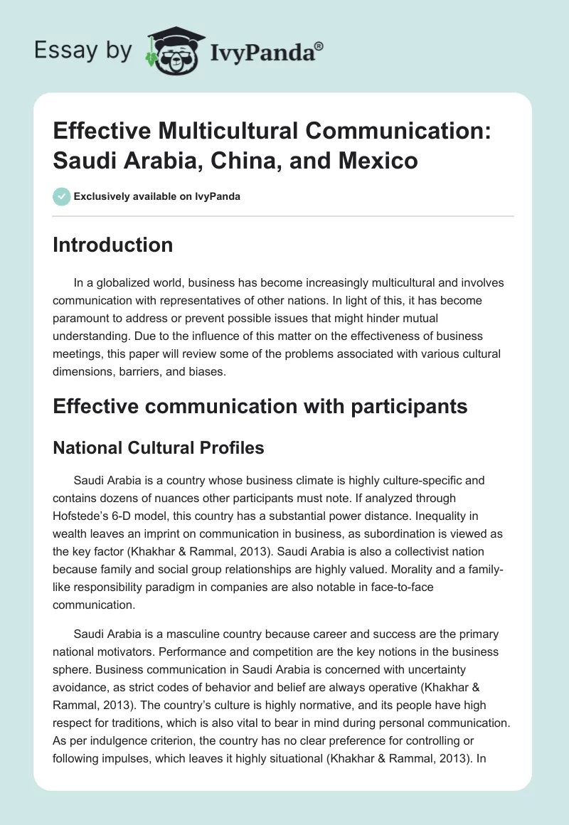 Effective Multicultural Communication: Saudi Arabia, China, and Mexico. Page 1