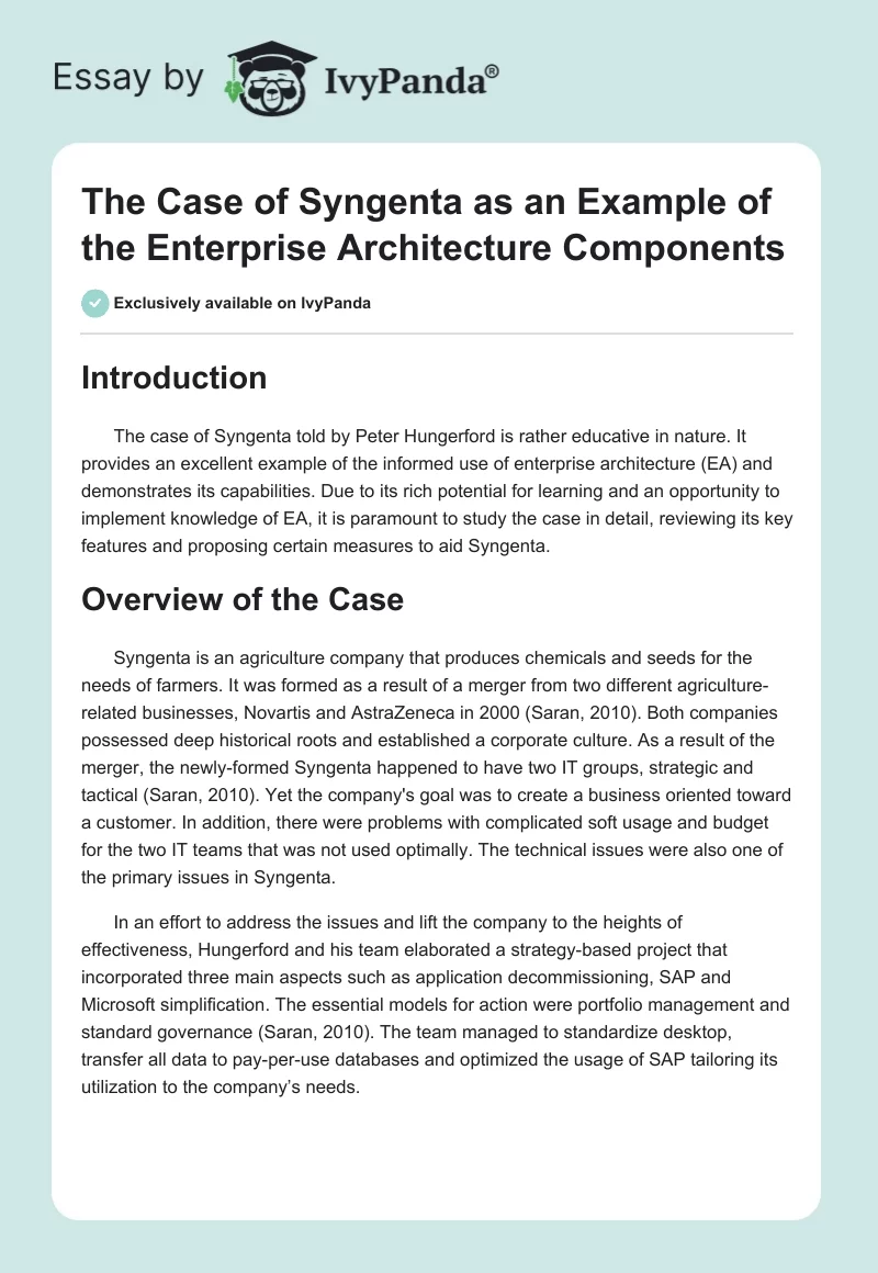 The Case of Syngenta as an Example of the Enterprise Architecture Components. Page 1