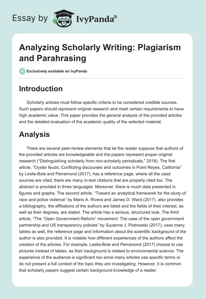 Analyzing Scholarly Writing: Plagiarism and Parahrasing. Page 1