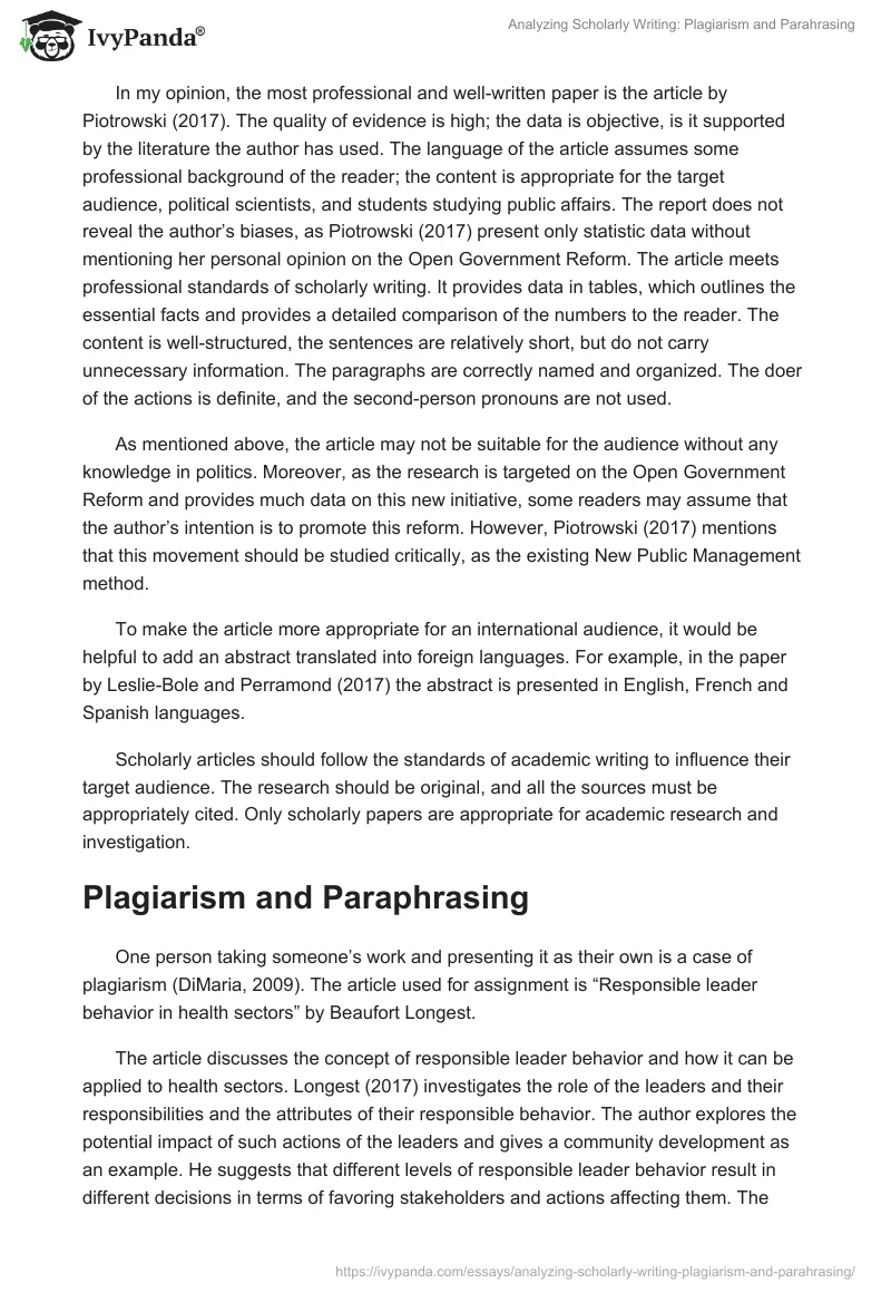 Analyzing Scholarly Writing: Plagiarism and Parahrasing. Page 2