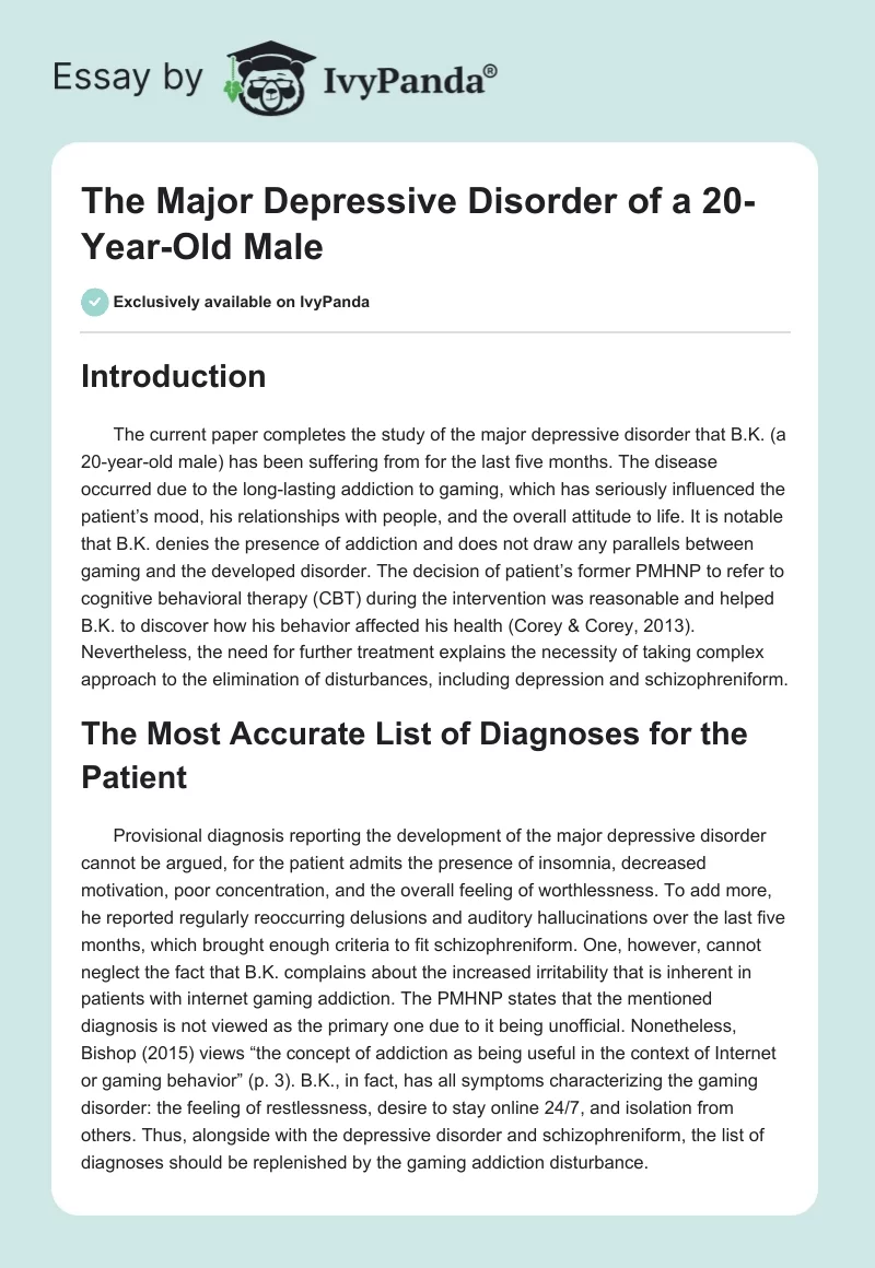 The Major Depressive Disorder of a 20-Year-Old Male. Page 1