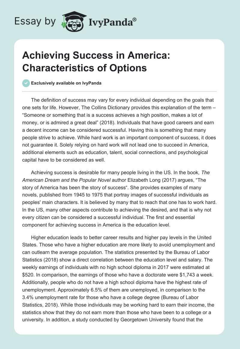 Achieving Success in America: Characteristics of Options. Page 1