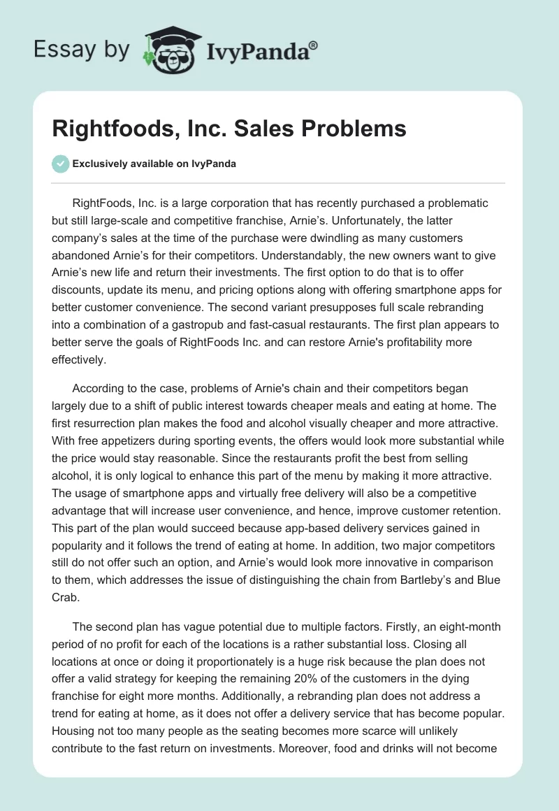 Rightfoods, Inc. Sales Problems. Page 1