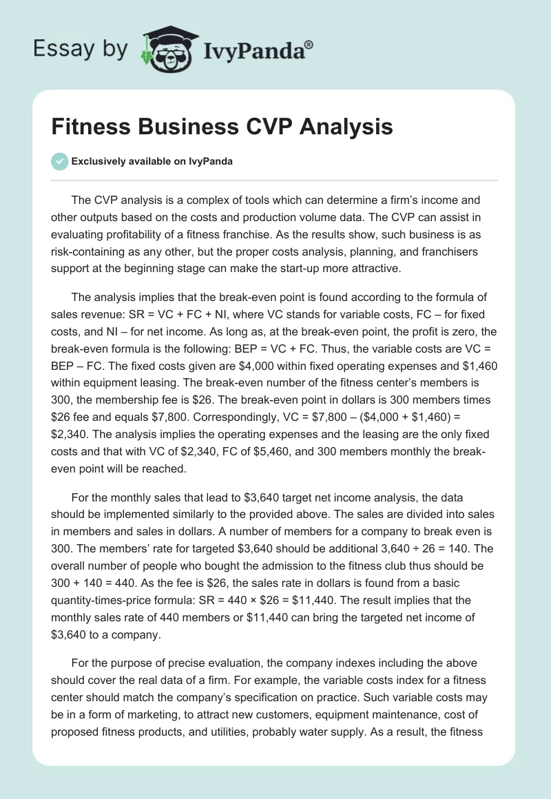 Fitness Business CVP Analysis. Page 1