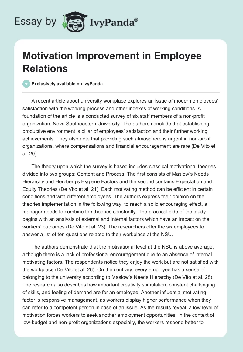 Motivation Improvement in Employee Relations. Page 1