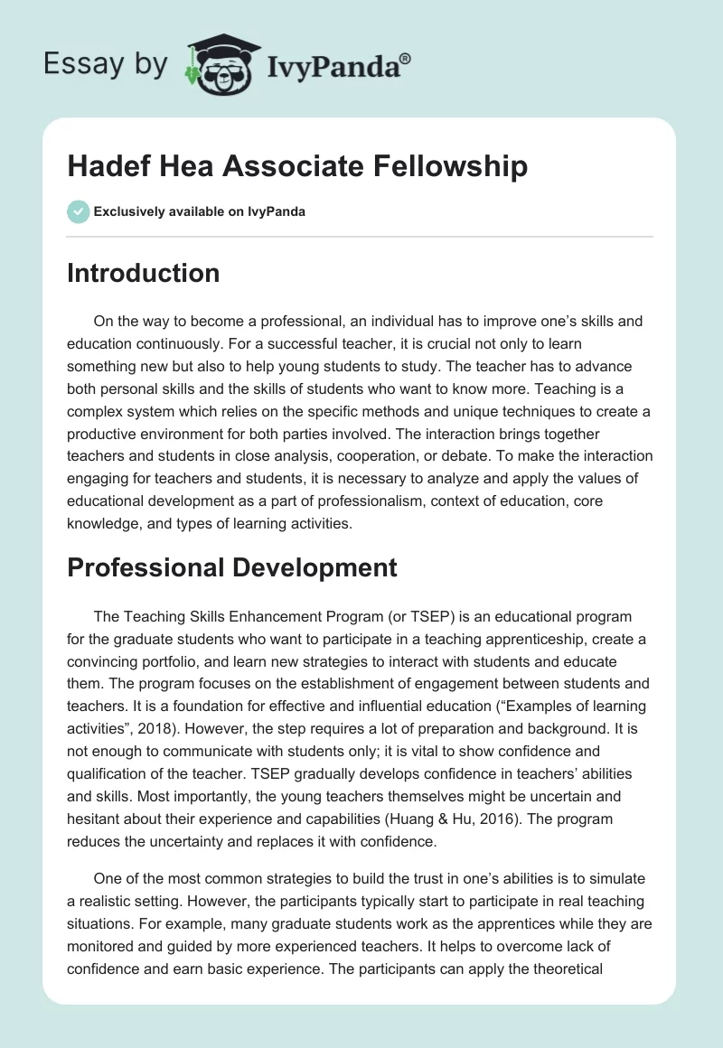 Hadef Hea Associate Fellowship. Page 1
