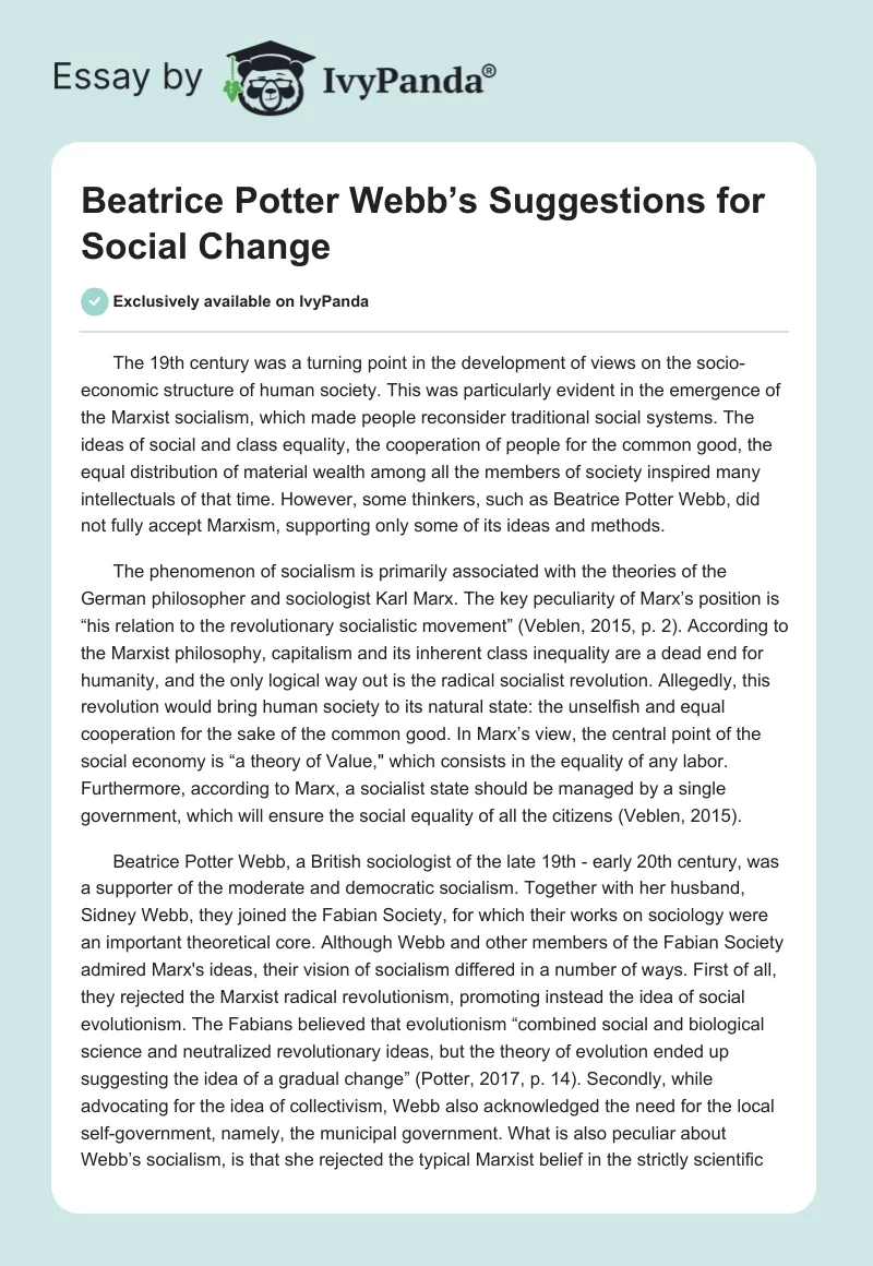 Beatrice Potter Webb’s Suggestions for Social Change. Page 1