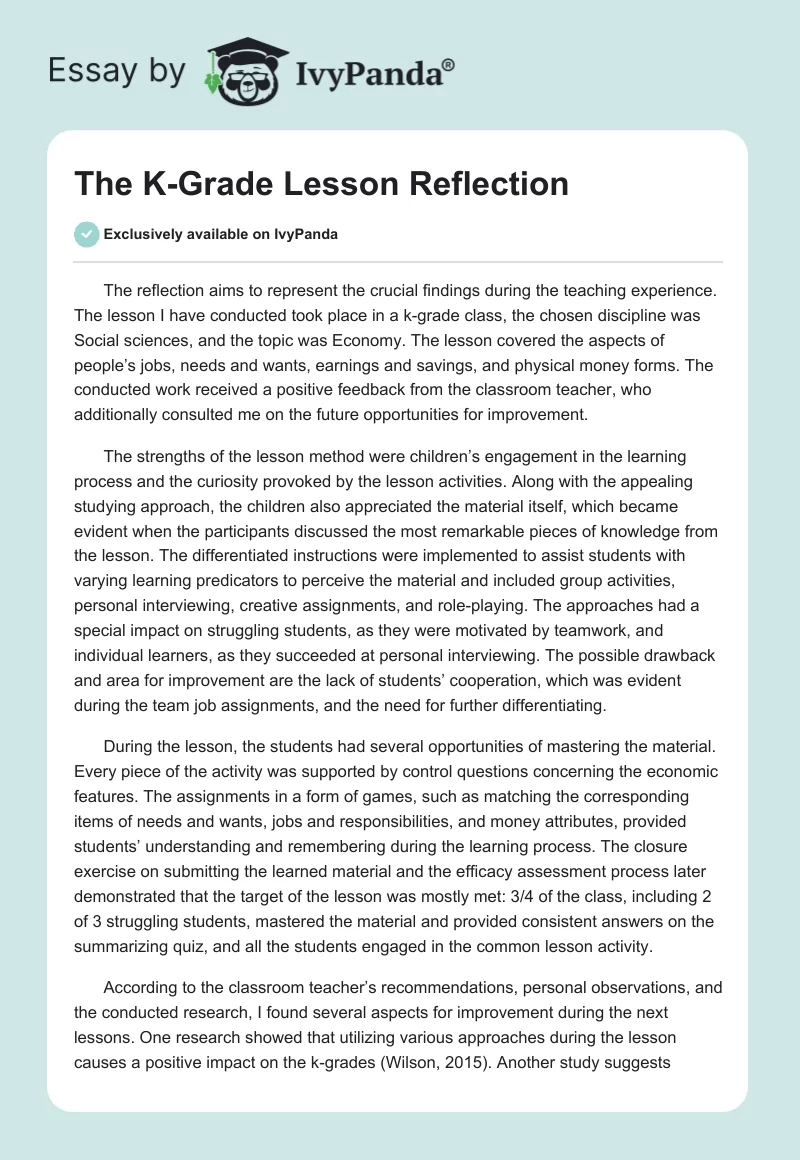 The K-Grade Lesson Reflection. Page 1