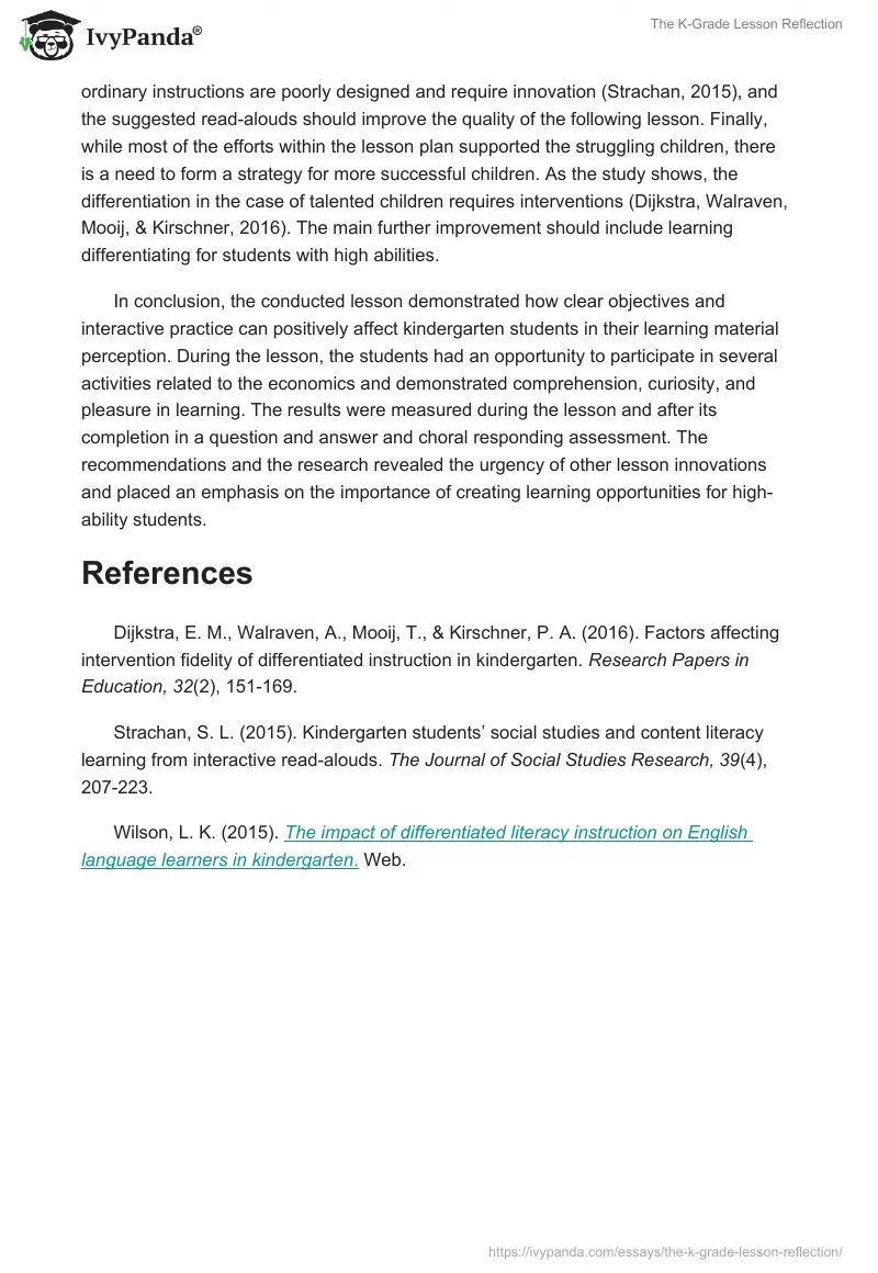 The K-Grade Lesson Reflection. Page 2