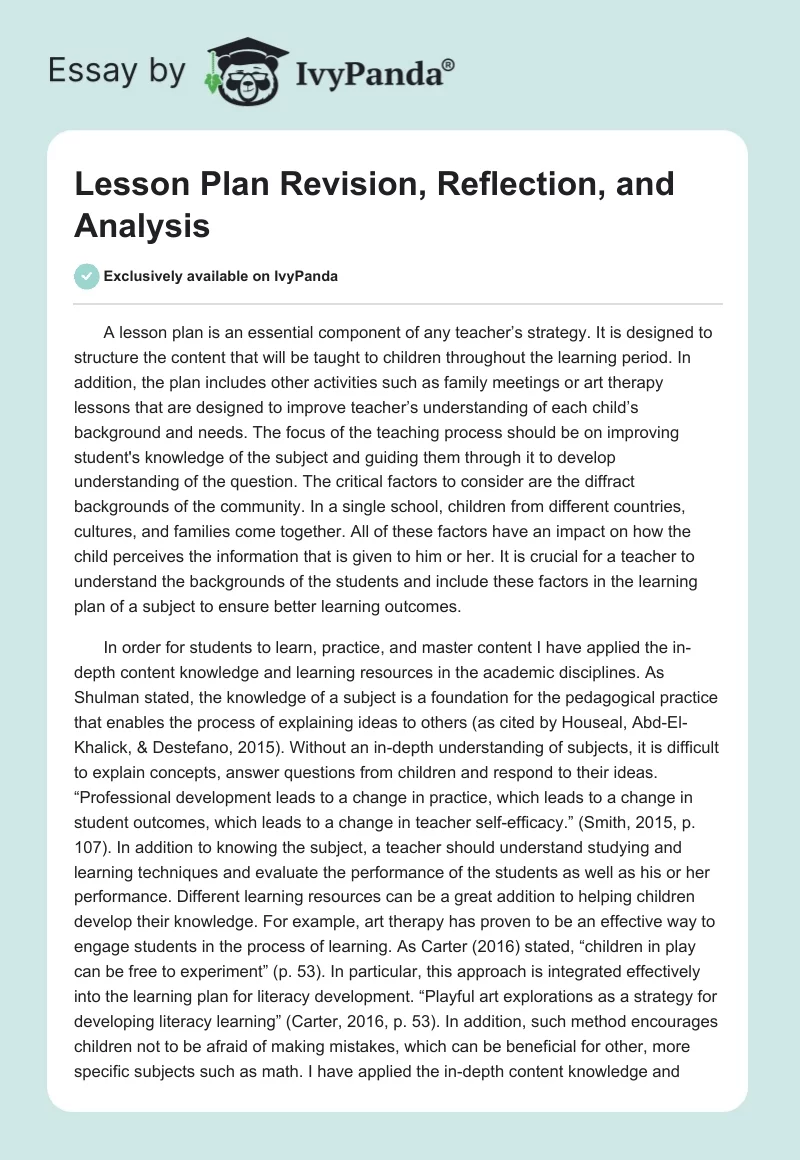 Lesson Plan Revision, Reflection, and Analysis. Page 1