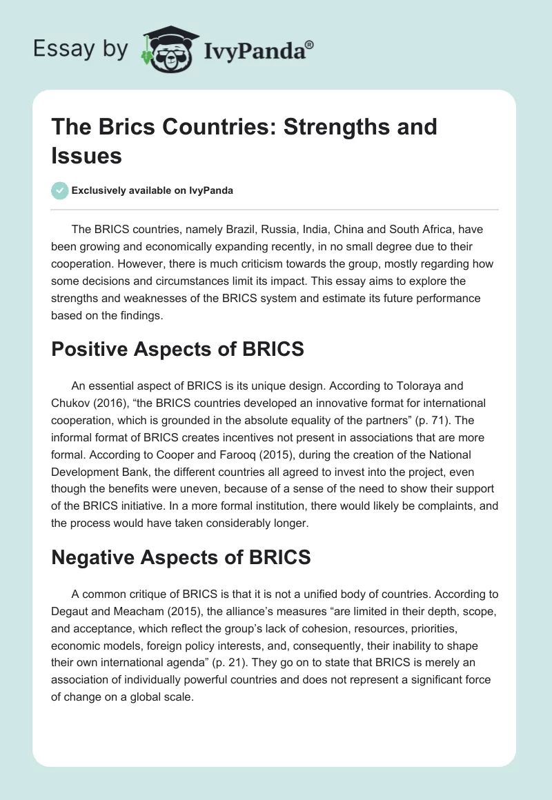 The Brics Countries: Strengths and Issues. Page 1