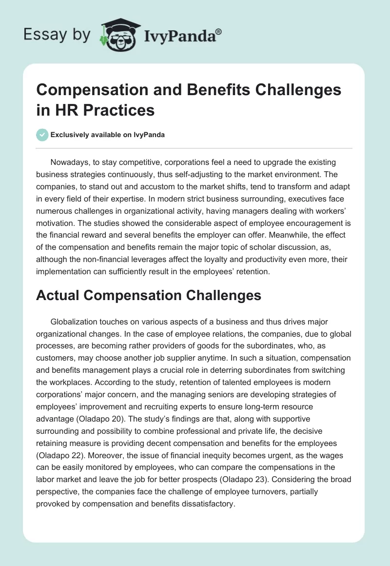 Compensation and Benefits Challenges in HR Practices. Page 1