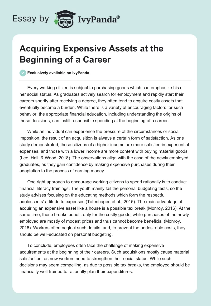 Acquiring Expensive Assets at the Beginning of a Career. Page 1