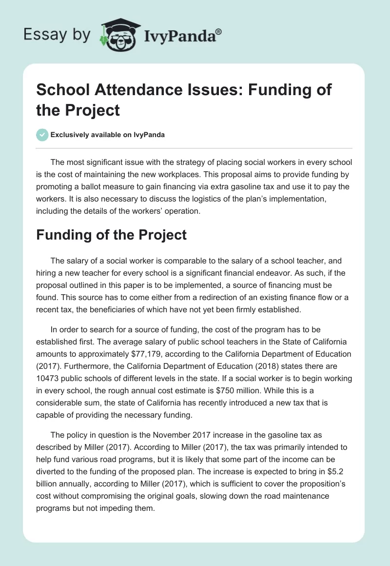 School Attendance Issues: Funding of the Project. Page 1