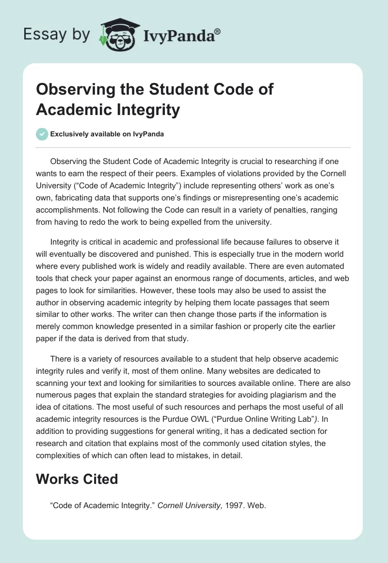 Observing the Student Code of Academic Integrity. Page 1