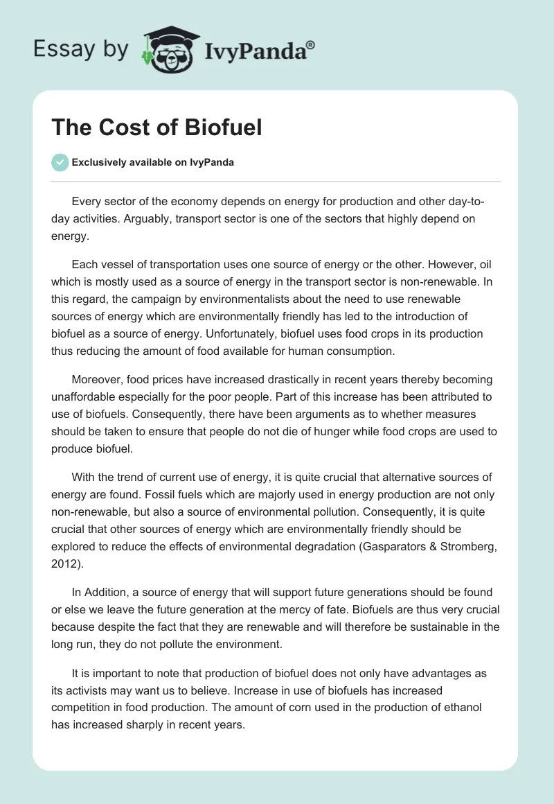 The Cost of Biofuel. Page 1