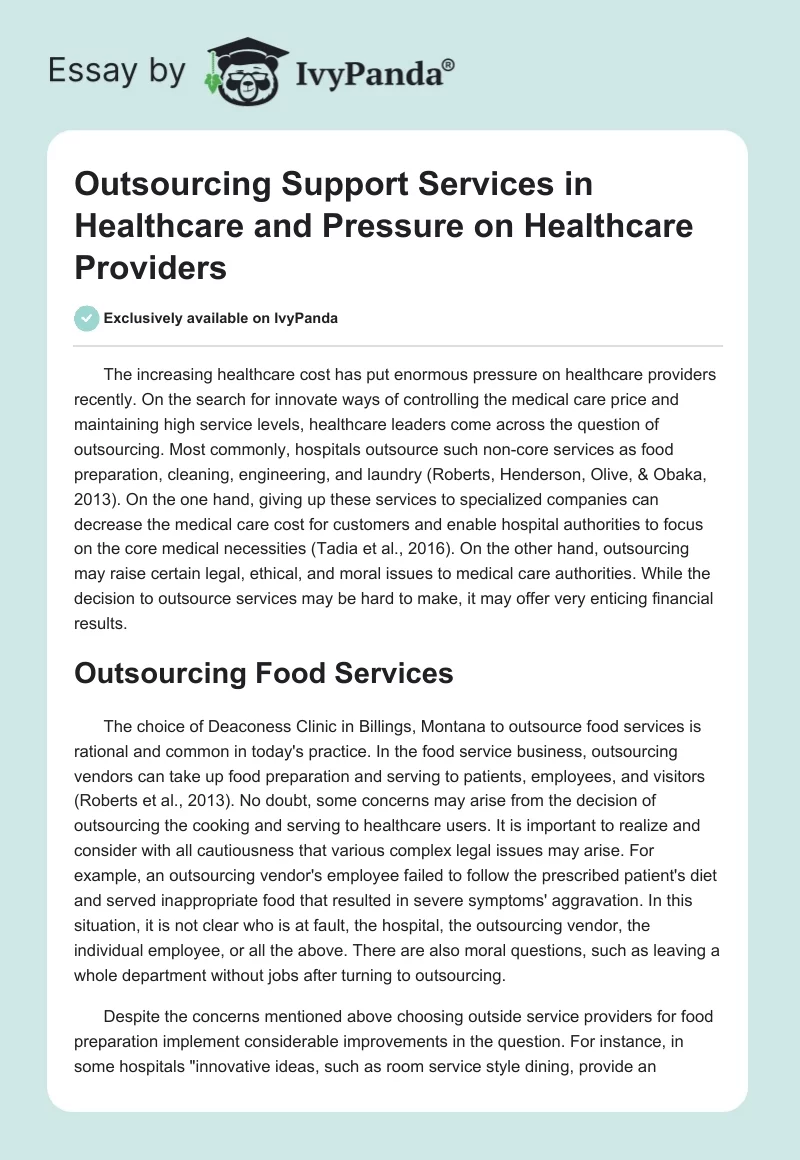 Outsourcing Support Services in Healthcare and Pressure on Healthcare Providers. Page 1