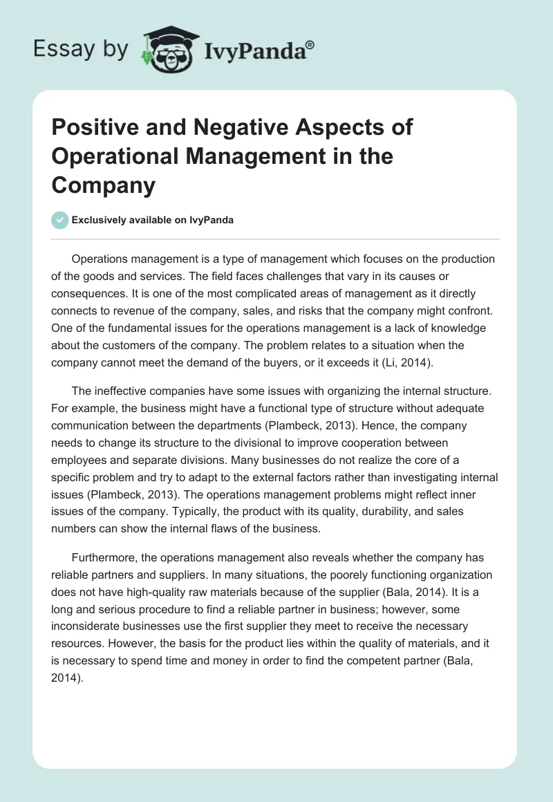 Positive and Negative Aspects of Operational Management in the Company. Page 1