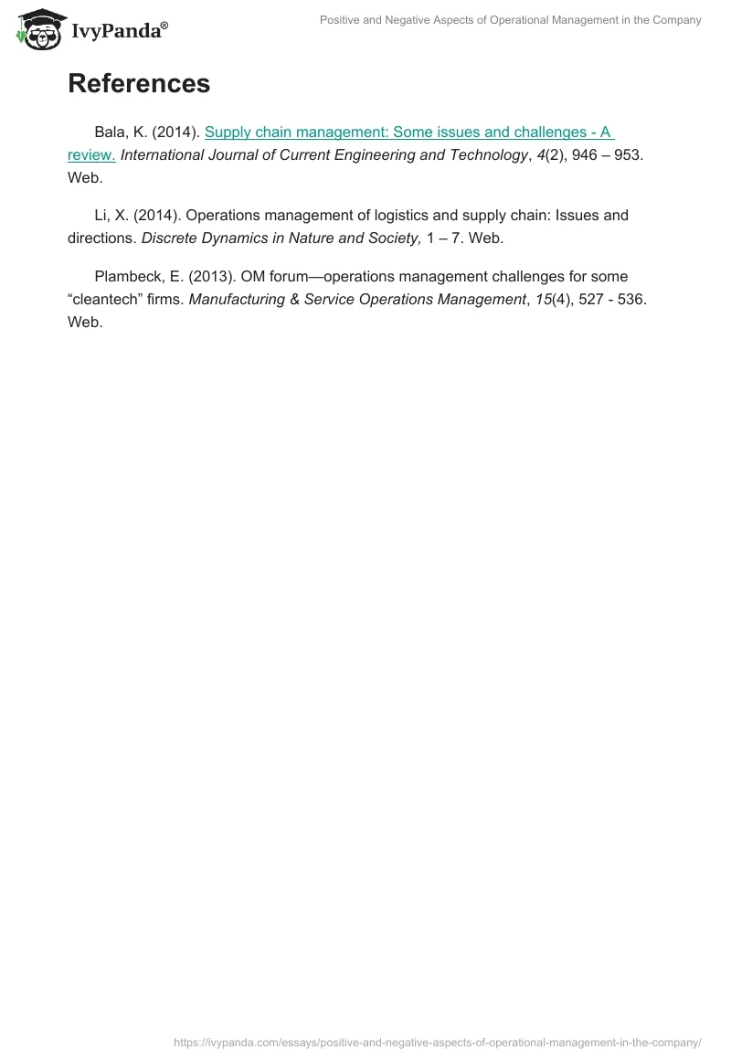 Positive and Negative Aspects of Operational Management in the Company. Page 2