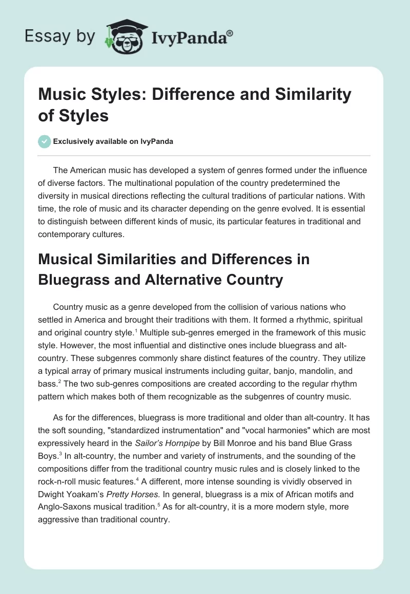 Music Styles: Difference and Similarity of Styles. Page 1