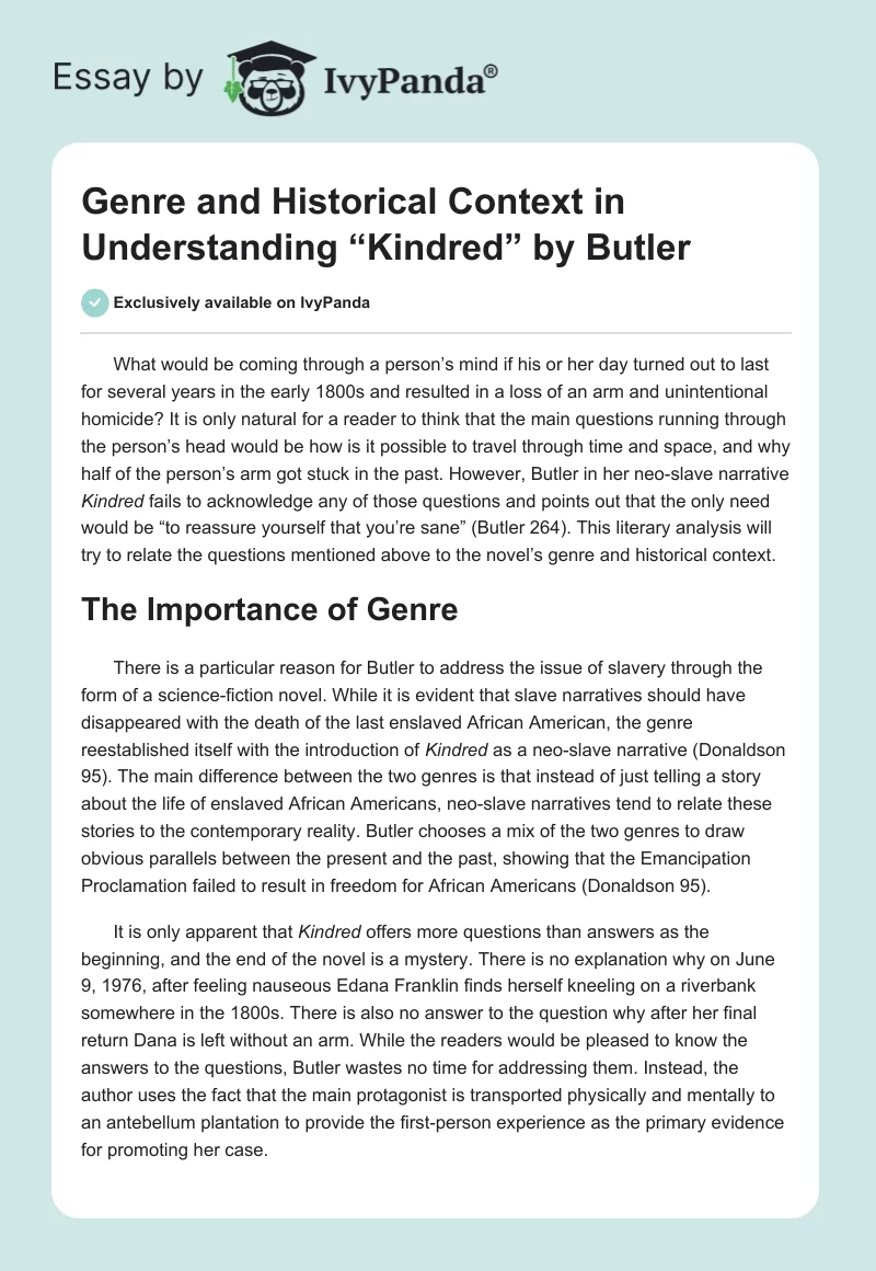 Genre and Historical Context in Understanding “Kindred” by Butler. Page 1