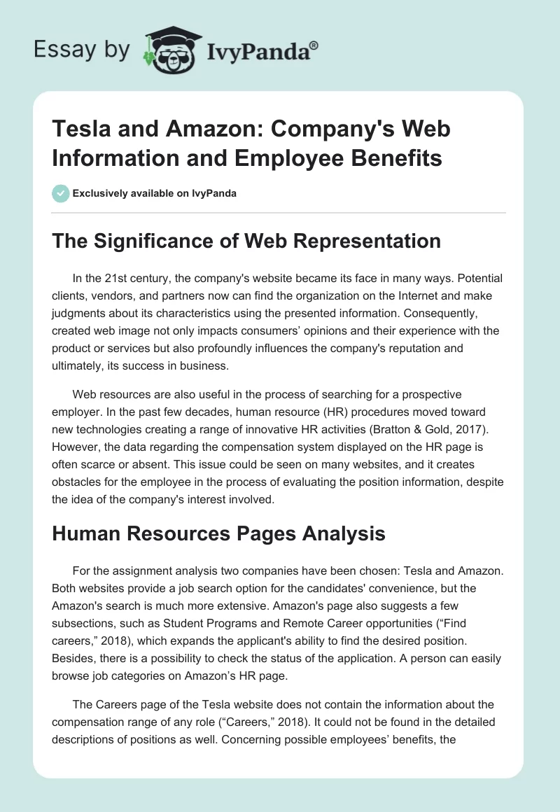 Tesla and Amazon: Company's Web Information and Employee Benefits. Page 1