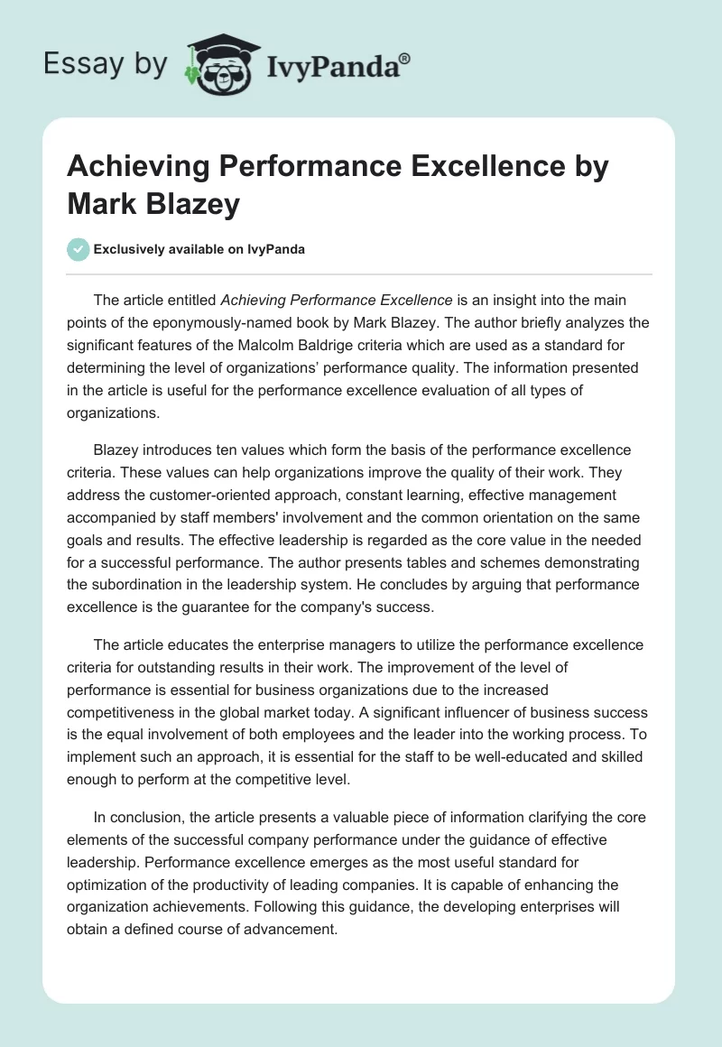 "Achieving Performance Excellence" by Mark Blazey. Page 1