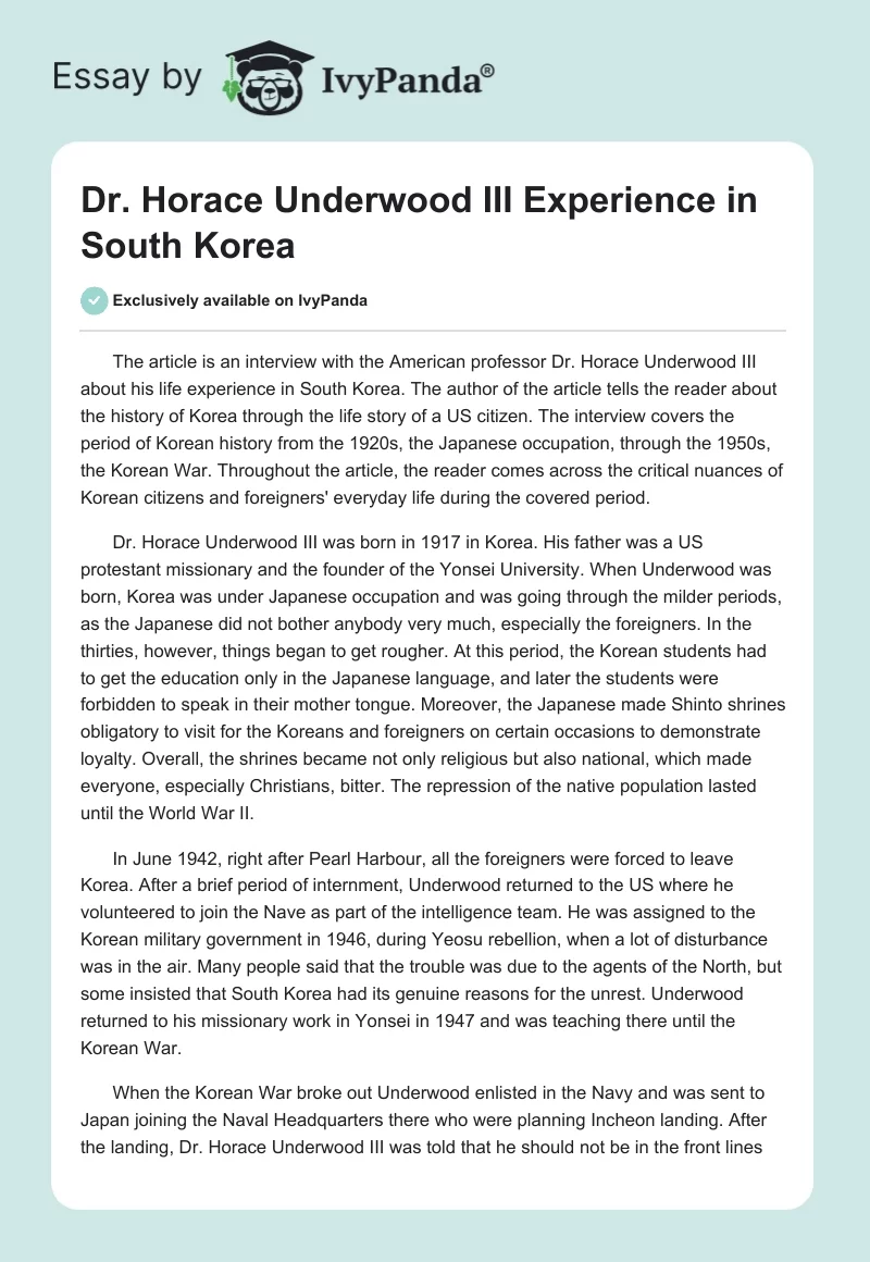 Dr. Horace Underwood III Experience in South Korea. Page 1