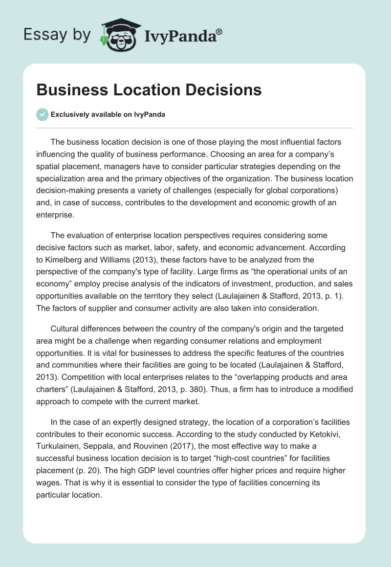 Business Location Decisions. Page 1