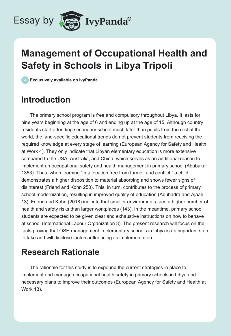 Management of Occupational Health and Safety in Schools in Libya Tripoli. Page 1