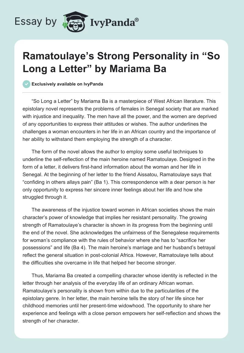 Ramatoulaye’s Strong Personality in “So Long a Letter” by Mariama Ba. Page 1