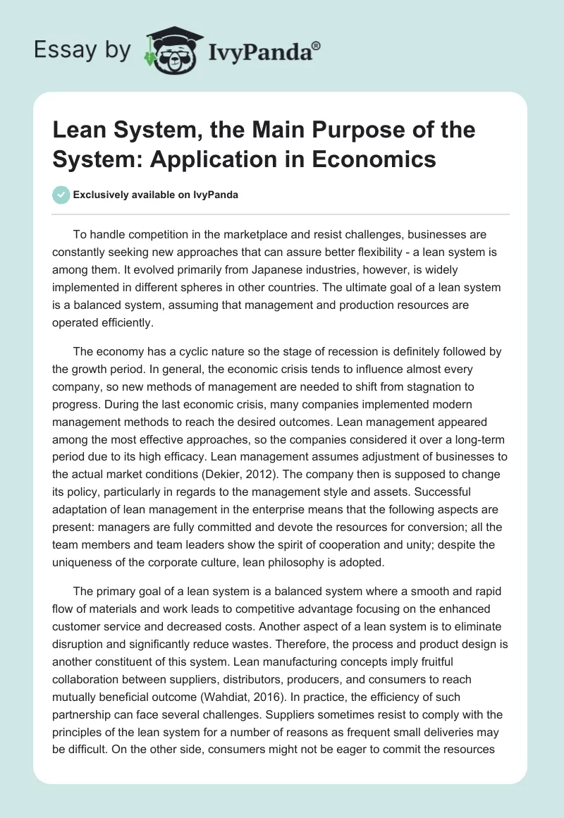 Lean System, the Main Purpose of the System: Application in Economics. Page 1