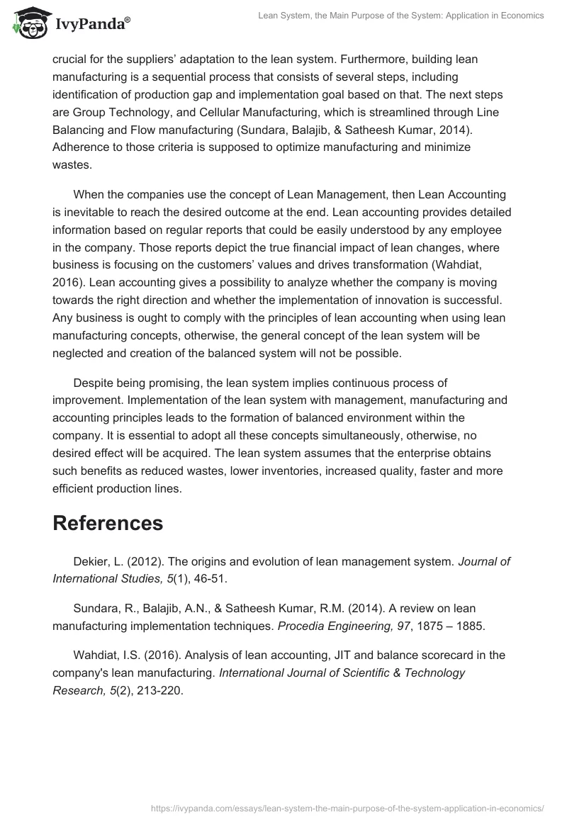 Lean System, the Main Purpose of the System: Application in Economics. Page 2