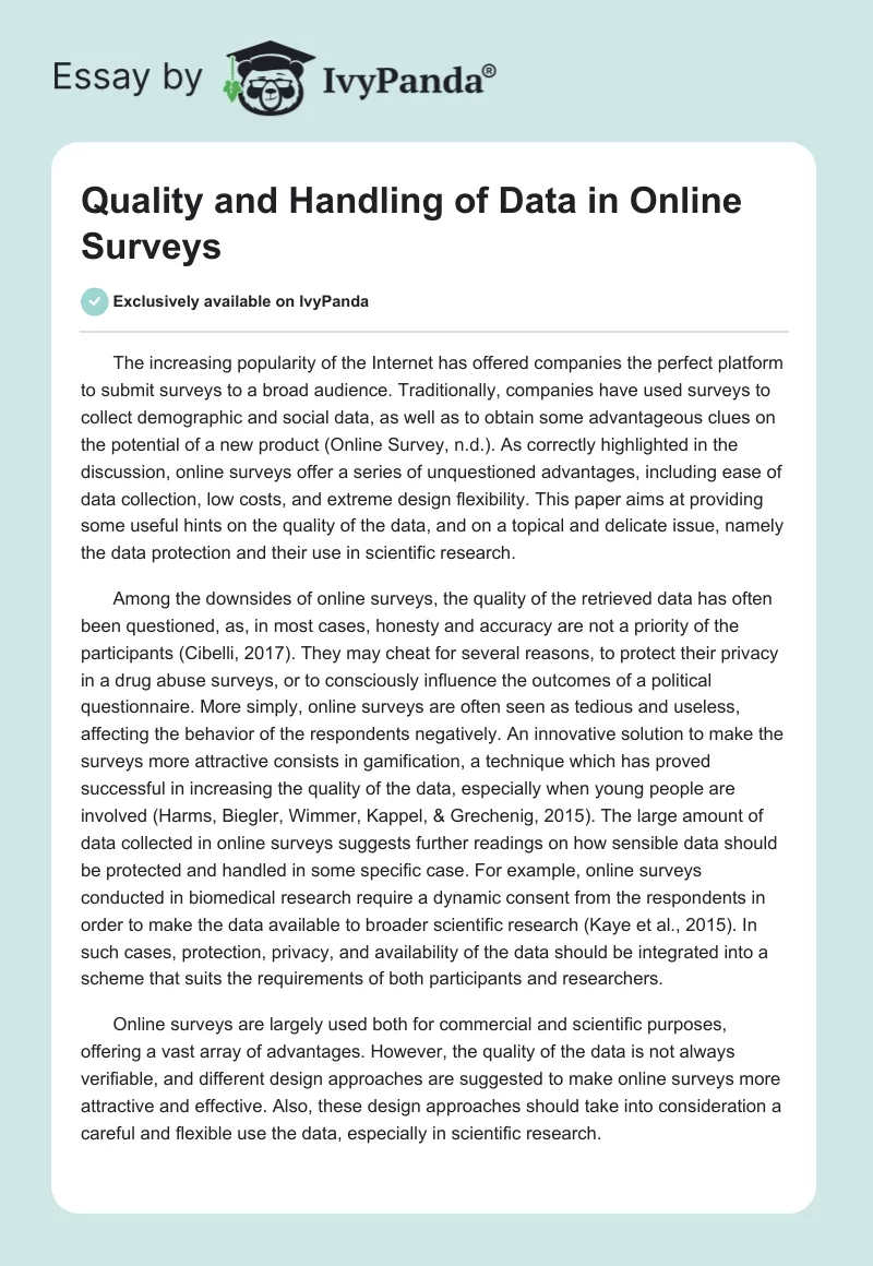 Quality and Handling of Data in Online Surveys. Page 1