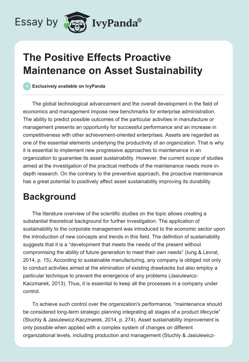 The Positive Effects Proactive Maintenance on Asset Sustainability. Page 1