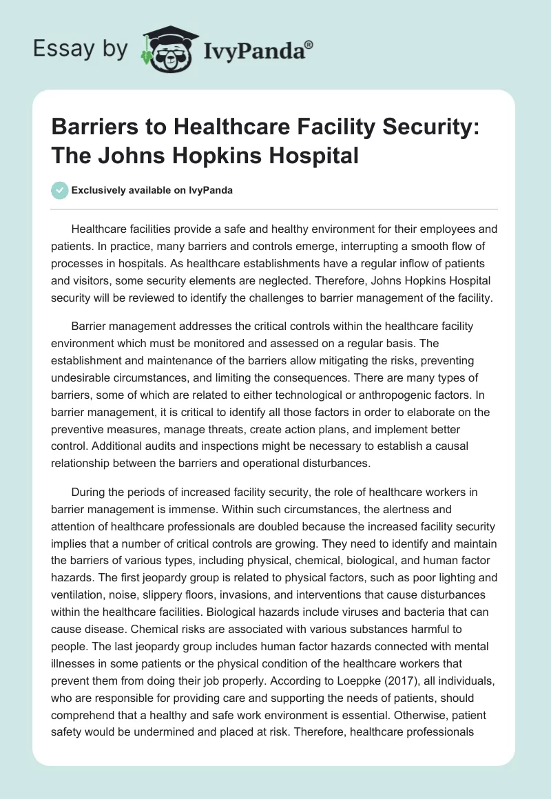 Barriers to Healthcare Facility Security: The Johns Hopkins Hospital. Page 1