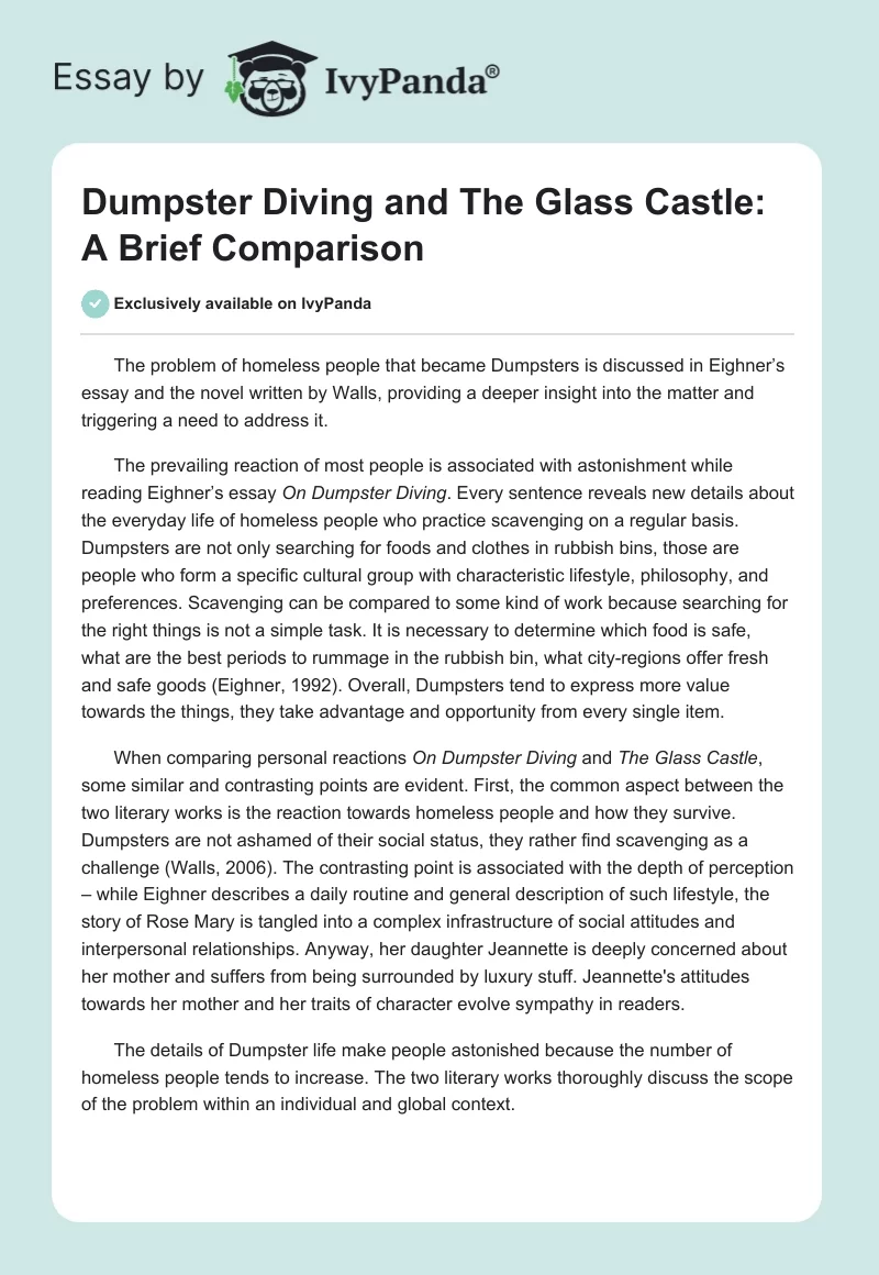 "Dumpster Diving" and "The Glass Castle": A Brief Comparison. Page 1