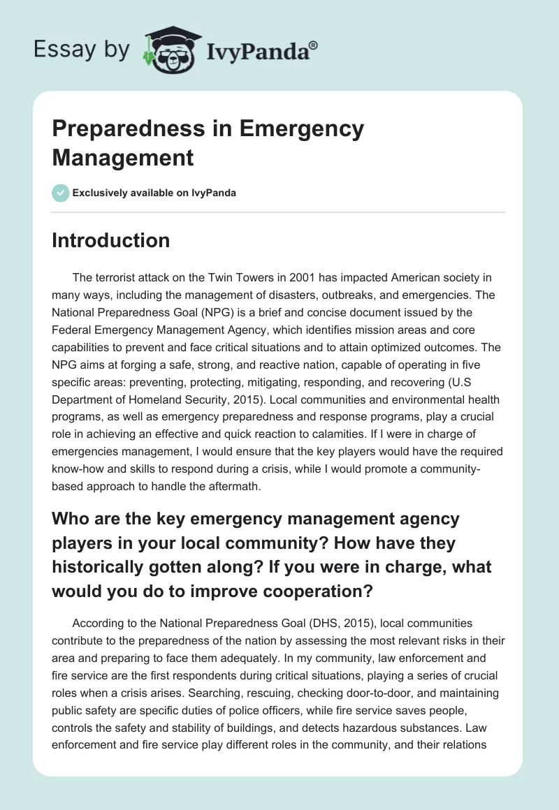 Preparedness in Emergency Management. Page 1