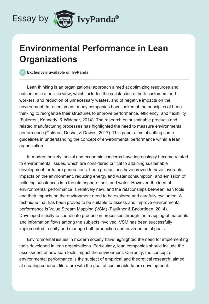 Environmental Performance in Lean Organizations. Page 1