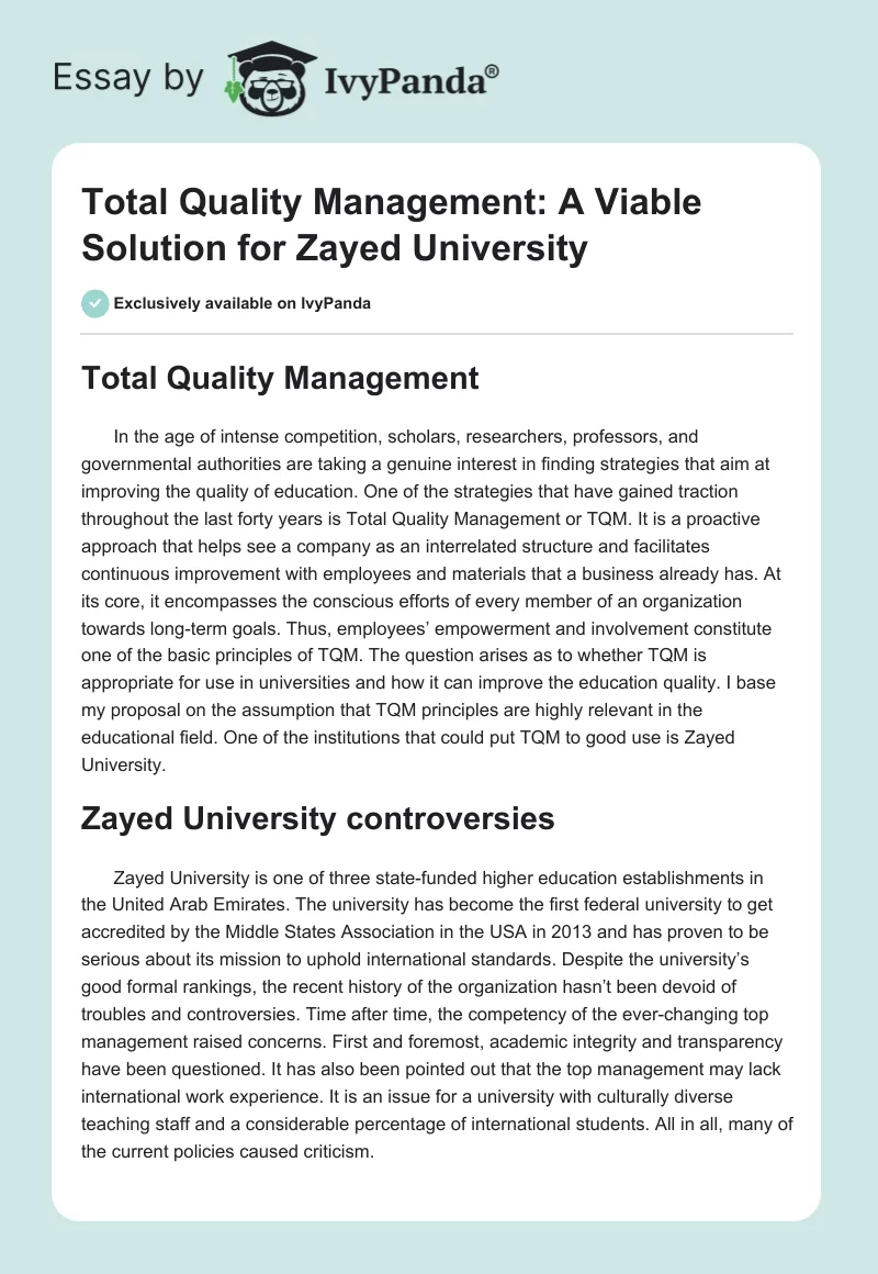 Total Quality Management: A Viable Solution for Zayed University. Page 1