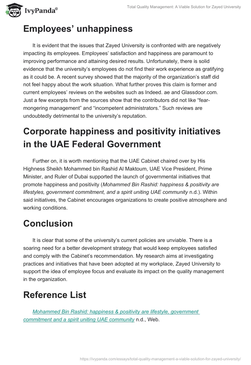 Total Quality Management: A Viable Solution for Zayed University. Page 2