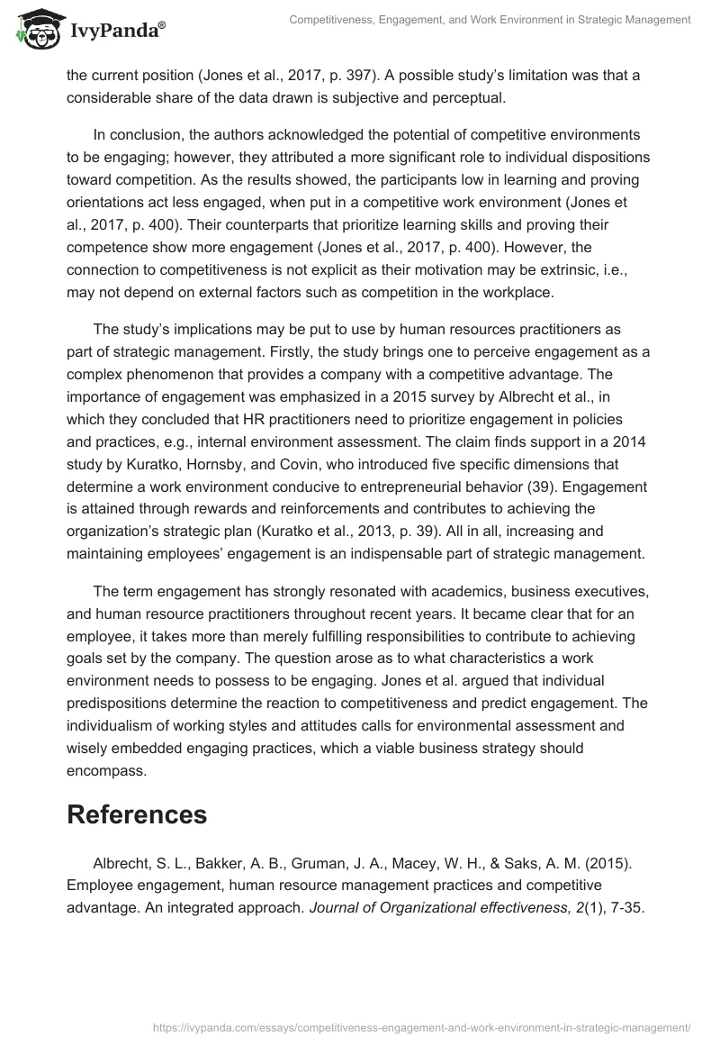 Competitiveness, Engagement, and Work Environment in Strategic Management. Page 2