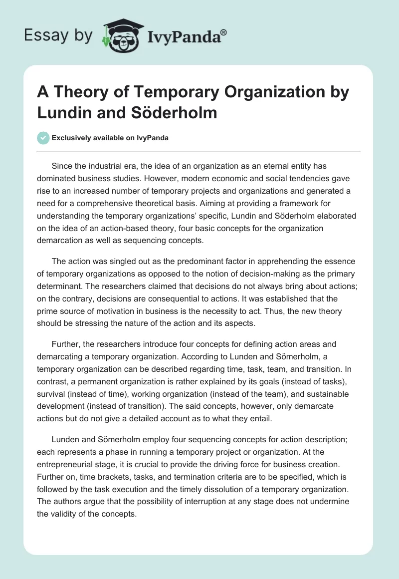 "A Theory of Temporary Organization" by Lundin and Söderholm. Page 1