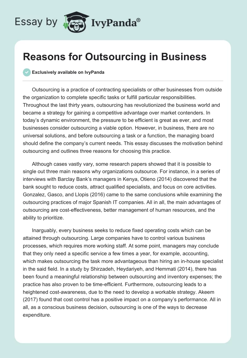 Reasons for Outsourcing in Business. Page 1