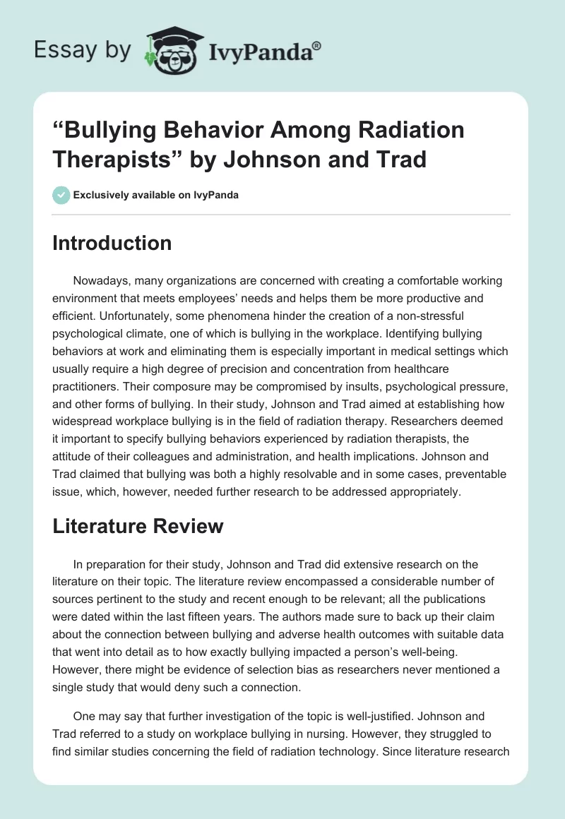 “Bullying Behavior Among Radiation Therapists” by Johnson and Trad. Page 1