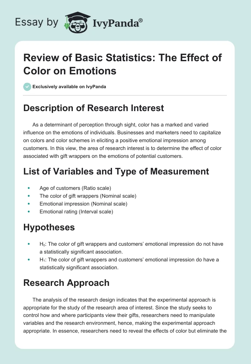 Review of Basic Statistics: The Effect of Color on Emotions. Page 1