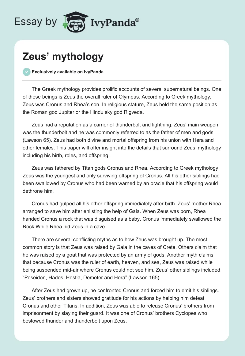 Zeus’ Mythology. Page 1